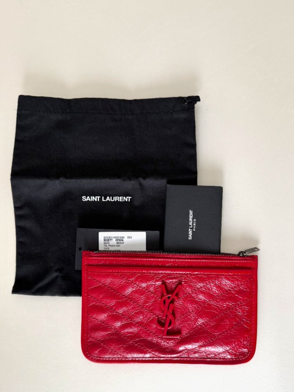 SAINT LAURENT Niki Crinkled Leather Bill Pouch – Red